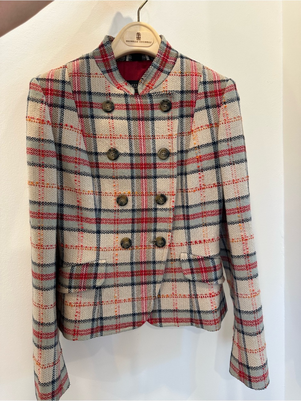 MaxMara Cream Plaid Double-Breasted Blazer with Red and Navy Windowpane